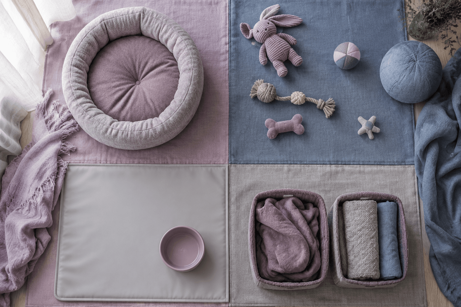 Overhead moodboard of a pet home corner split into four soft fabric zones