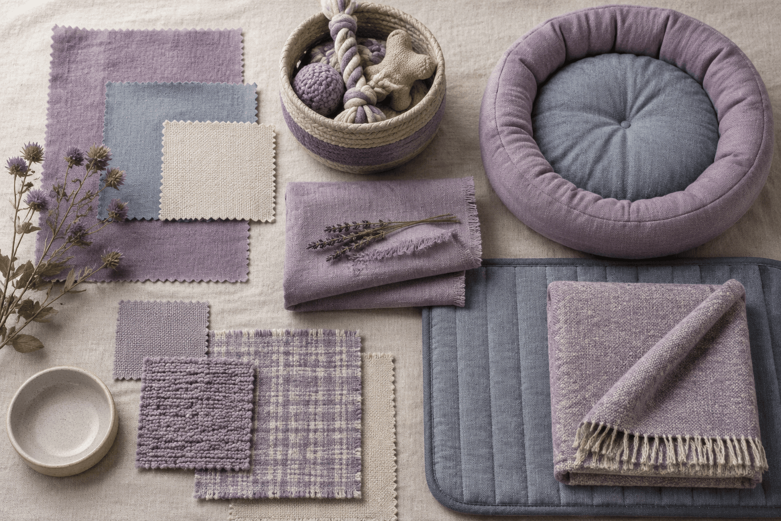 A sample pet corner board with fabric swatches, a round bed, blanket, toy bin and washable mat